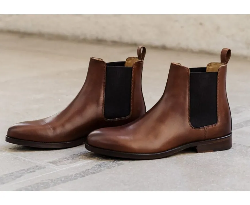 Botines de hombre en castaño patinado con suela de cuero y goma de caucho Dovon Patin-Bexley Sale