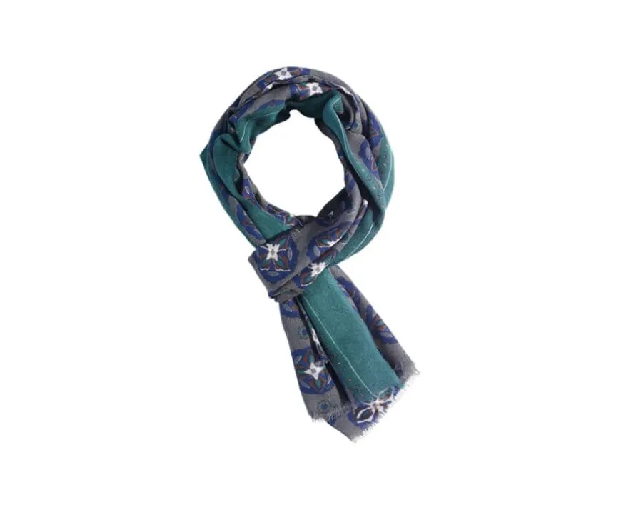 Bufanda de Lana Caqui motivo azul indigo y verde-Bexley Fashion