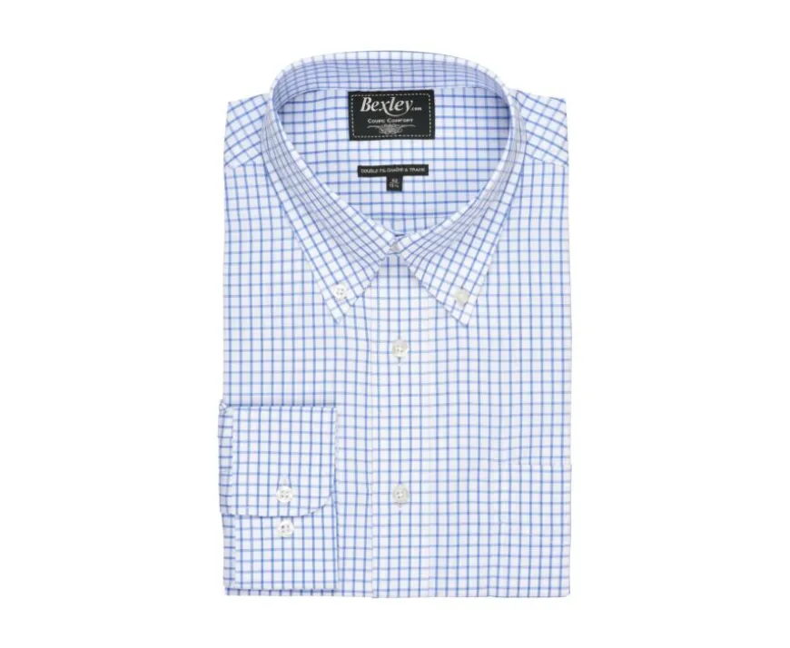 Camisa blanca con cuadros azules - Cuello americano Grayson-Bexley Clearance