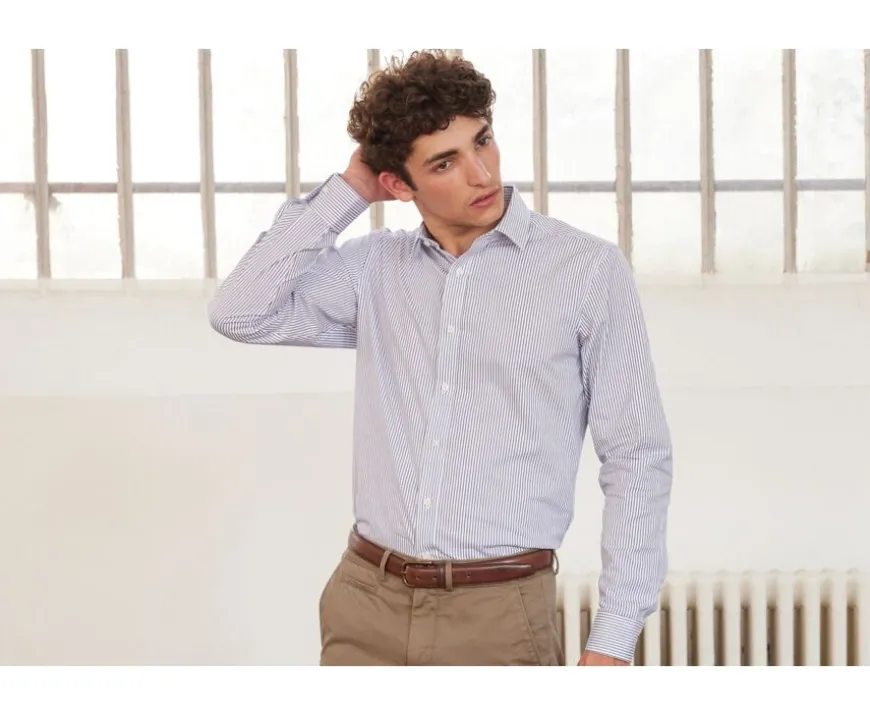 Camisa blanca con rayas azules oscuras Geoffroy-Bexley Fashion