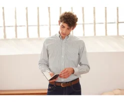 Camisa blanca de rayas verdes con bolsillo en el pecho Broderick-Bexley Store