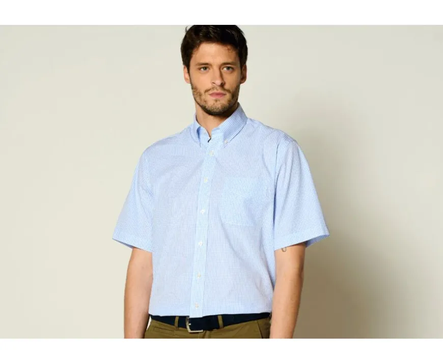 Camisa de algodón blanca con pequeños cuadros Azul claro Glenn Mc-Bexley Clearance