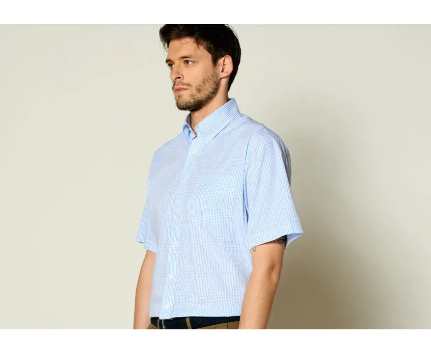 Camisa de algodón blanca con pequeños cuadros Azul claro Glenn Mc-Bexley Clearance