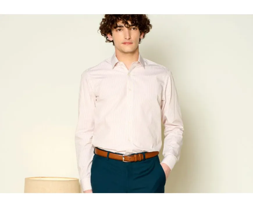 Camisa de algodón rayas Beis y Blanco Maximilien-Bexley Outlet