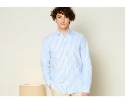 Camisa de algodón y lino a rayas Celeste y Blanco Simonin-Bexley Clearance