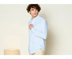 Camisa de algodón y lino a rayas Celeste y Blanco Simonin-Bexley Clearance