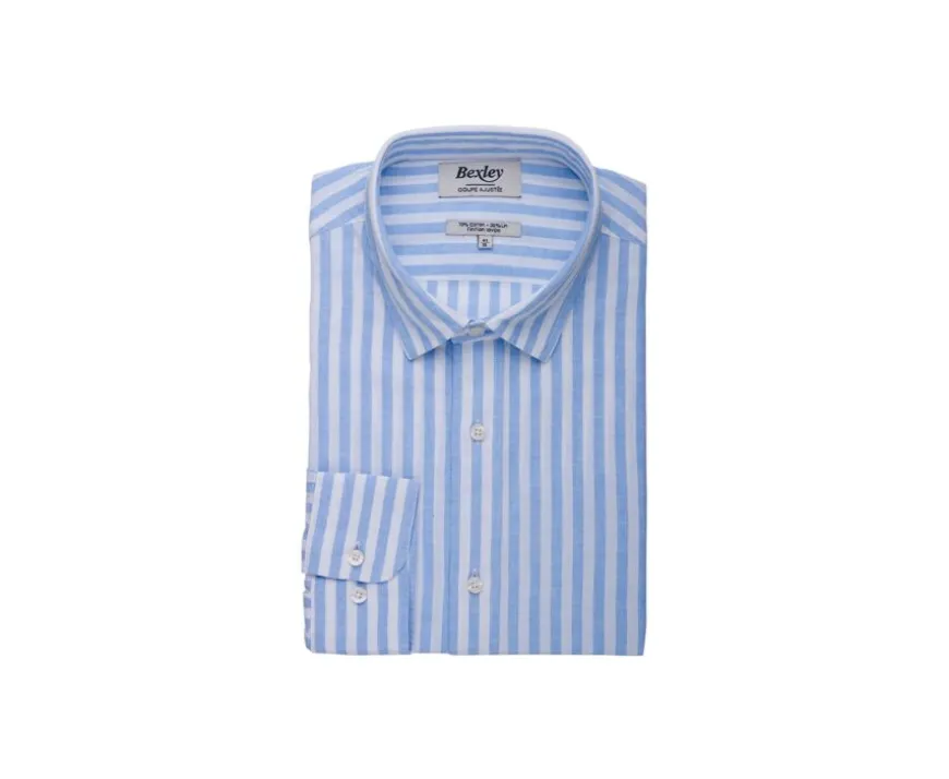 Camisa de algodón y lino a rayas Celeste y Blanco Simonin-Bexley Clearance