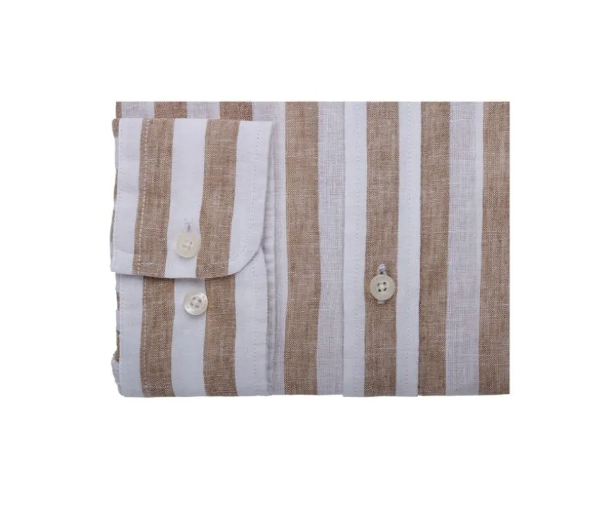 Camisa de algodón y lino a rayas Camel y Blanco Brunien-Bexley Online