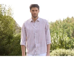 Camisa de algodón y lino a rayas Camel y Blanco Brunien-Bexley Online