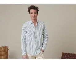 Camisa de algodón y lino a rayas verdes y blancas Simonin-Bexley Sale