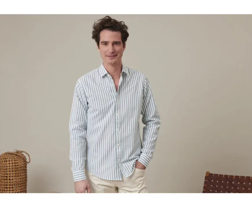 Camisa de algodón y lino a rayas verdes y blancas Simonin-Bexley Sale