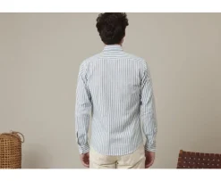 Camisa de algodón y lino a rayas verdes y blancas Simonin-Bexley Sale