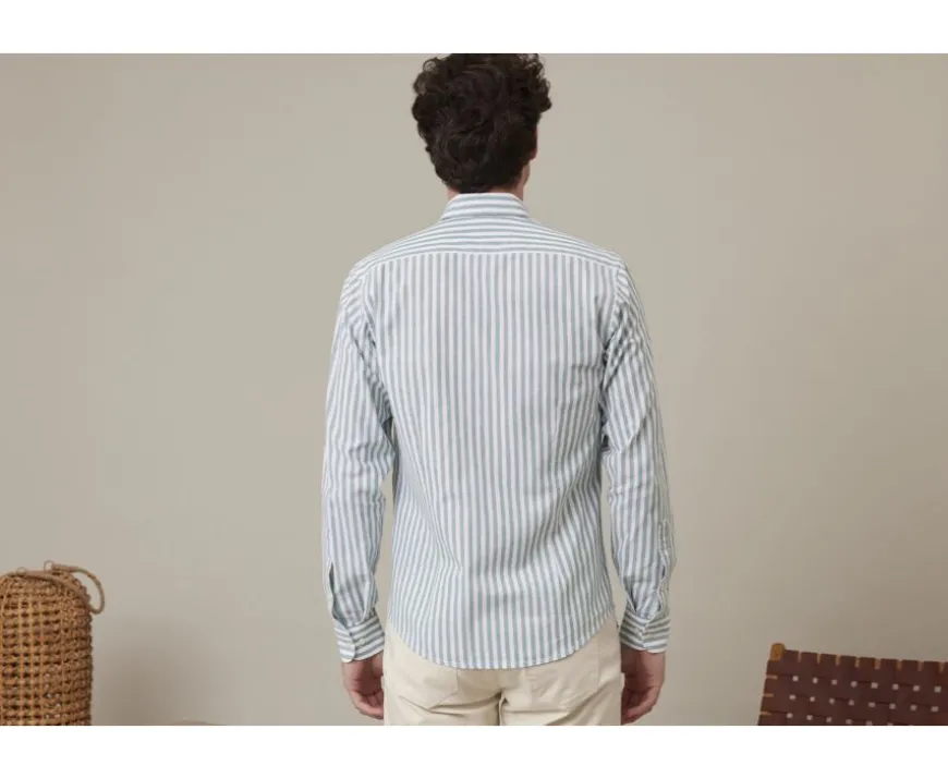 Camisa de algodón y lino a rayas verdes y blancas Simonin-Bexley Sale