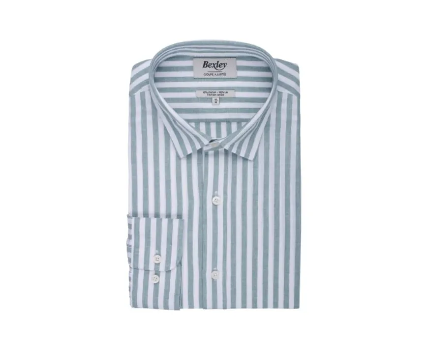 Camisa de algodón y lino a rayas verdes y blancas Simonin-Bexley Sale