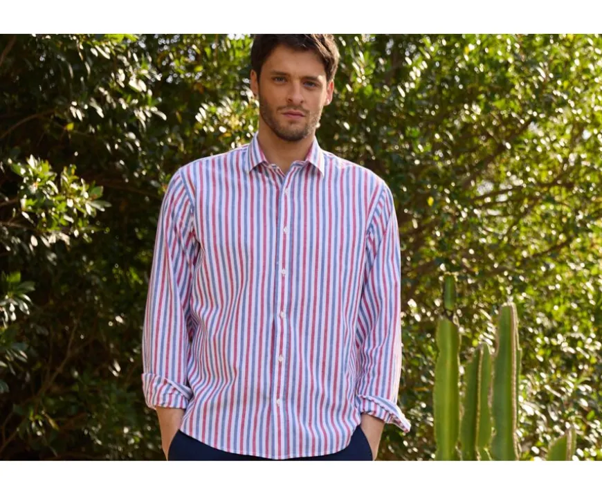 Camisa de algodón y lino a rayas Azul vintage Rojo y Blanco Simonin-Bexley Clearance