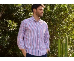 Camisa de algodón y lino a rayas Azul vintage Rojo y Blanco Simonin-Bexley Clearance