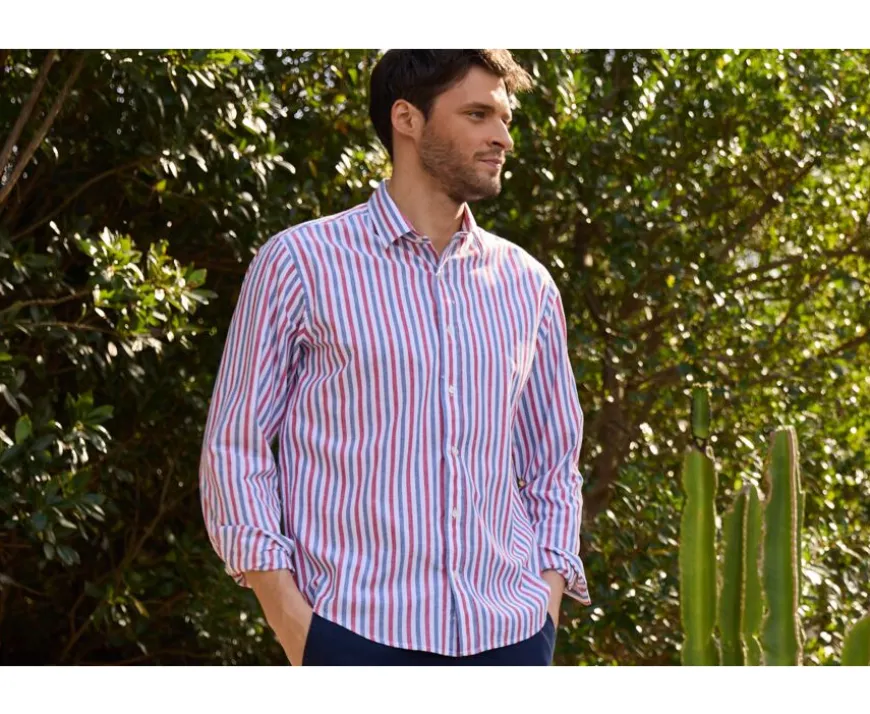Camisa de algodón y lino a rayas Azul vintage Rojo y Blanco Simonin-Bexley Clearance