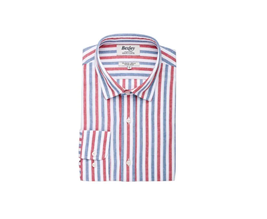 Camisa de algodón y lino a rayas Azul vintage Rojo y Blanco Simonin-Bexley Clearance