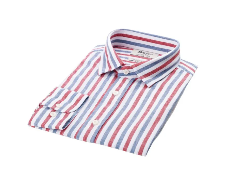 Camisa de algodón y lino a rayas Azul vintage Rojo y Blanco Simonin-Bexley Clearance