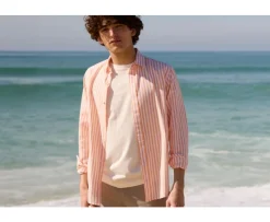 Camisa de algodón y lino a rayas Amarillo Naranja y Blanco Simonin-Bexley Discount
