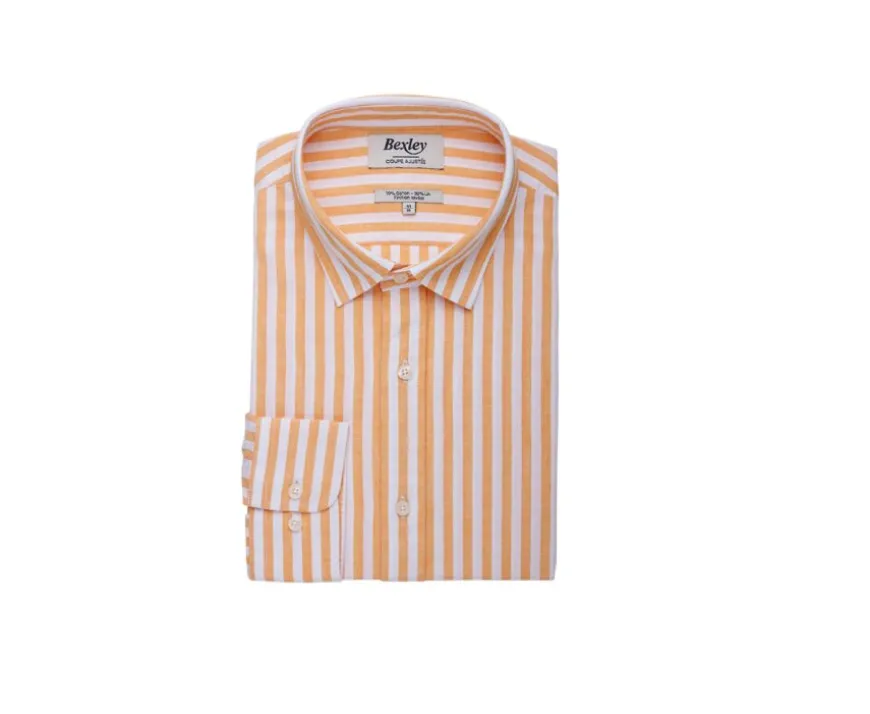 Camisa de algodón y lino a rayas Amarillo Naranja y Blanco Simonin-Bexley Discount