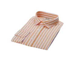 Camisa de algodón y lino a rayas Amarillo Naranja y Blanco Simonin-Bexley Discount