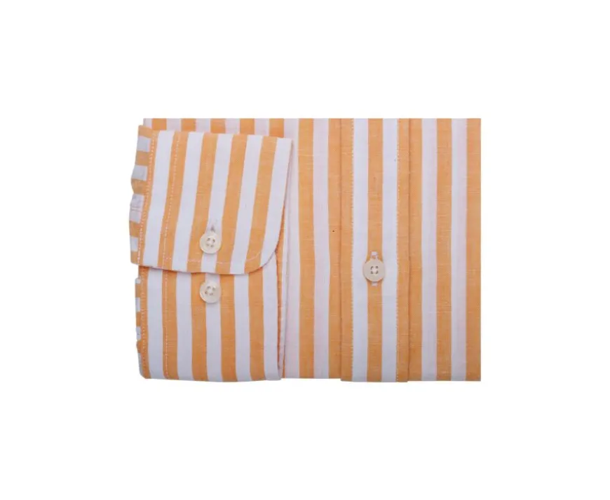 Camisa de algodón y lino a rayas Amarillo Naranja y Blanco Simonin-Bexley Discount