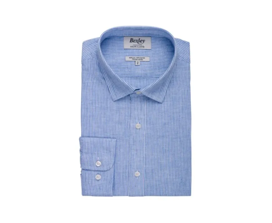 Camisa de algodón y lino Azul y Borde blanco Edibert-Bexley New