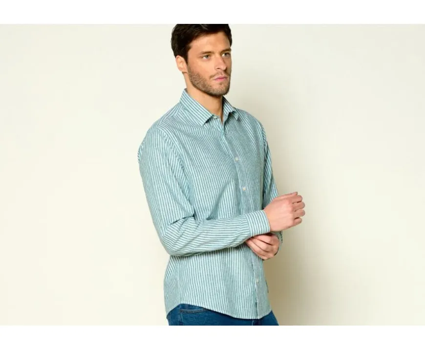 Camisa de algodón y lino Chambray Vert y blanco Edibert-Bexley Cheap