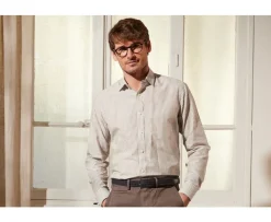 Camisa de algodón y lino con rayas topo y blancas Edibert-Bexley Discount
