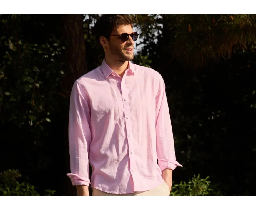 Camisa de algodón y lino Rosa y Borde blanco Edibert-Bexley New