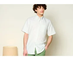 Camisa de lino y algodón Chambray Verde tila y Blanco - Bolsillo en el pecho Colten Mc-Bexley Best Sale