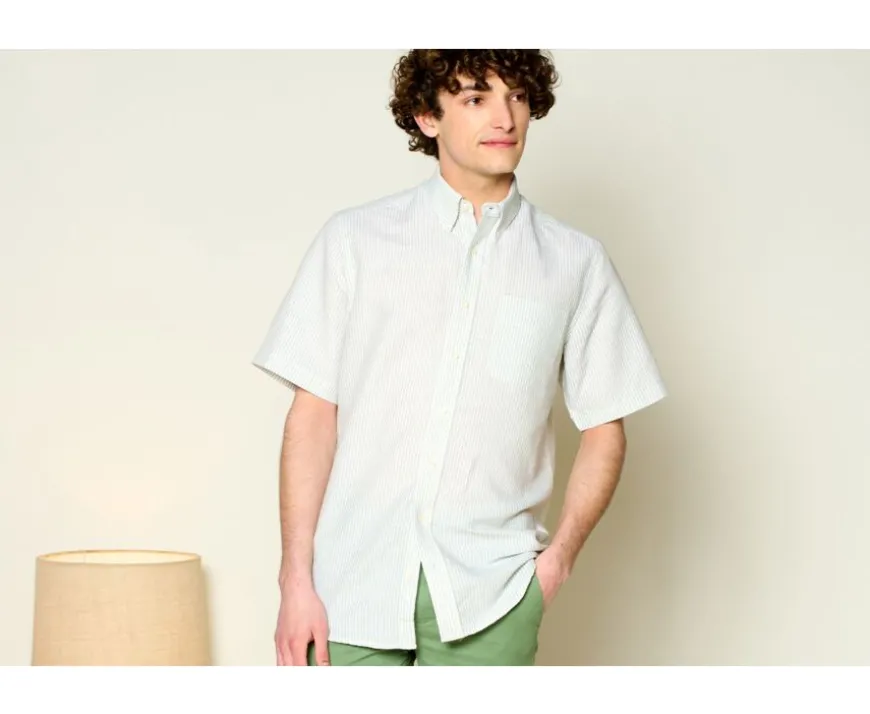 Camisa de lino y algodón Chambray Verde tila y Blanco - Bolsillo en el pecho Colten Mc-Bexley Best Sale