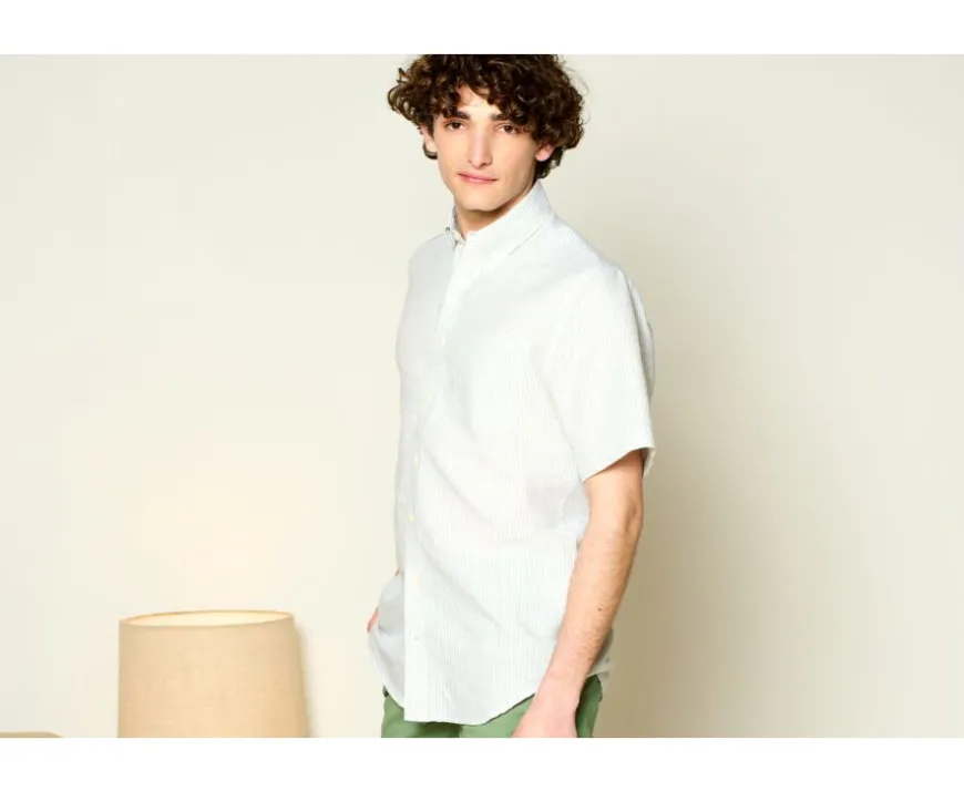 Camisa de lino y algodón Chambray Verde tila y Blanco - Bolsillo en el pecho Colten Mc-Bexley Best Sale