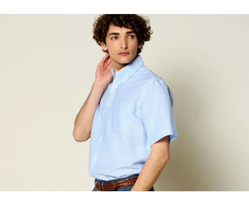 Camisa de lino y algodón Chambray Celeste y Blanco - Bolsillo en el pecho Colten Mc-Bexley Sale