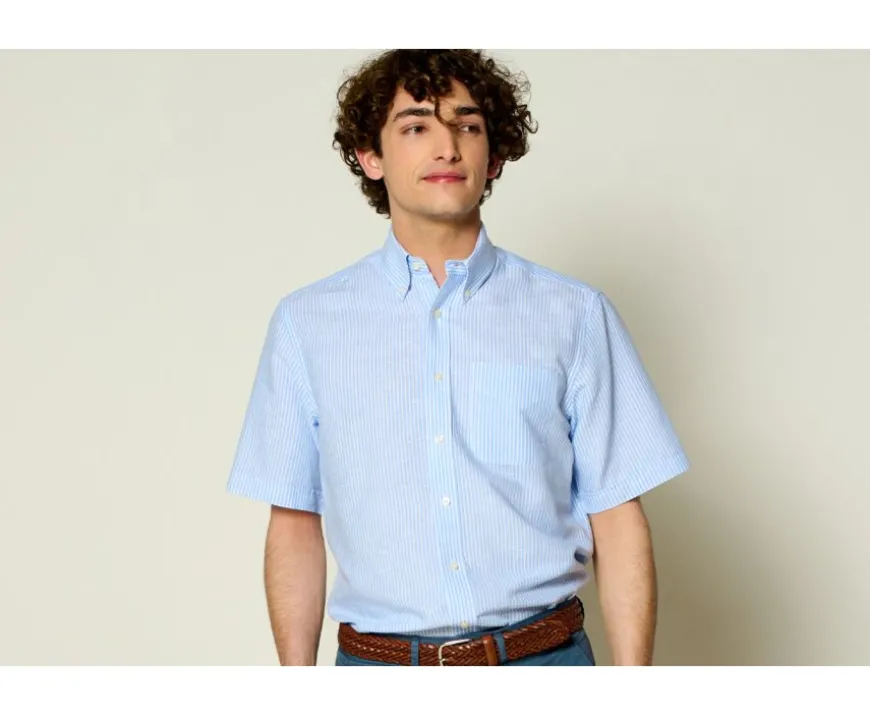 Camisa de lino y algodón Chambray Celeste y Blanco - Bolsillo en el pecho Colten Mc-Bexley Sale