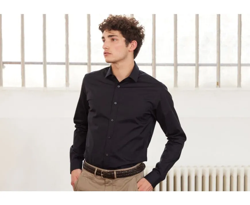 Camisa de popelina de algodón negra - Cuello francés Louis-Bexley Online