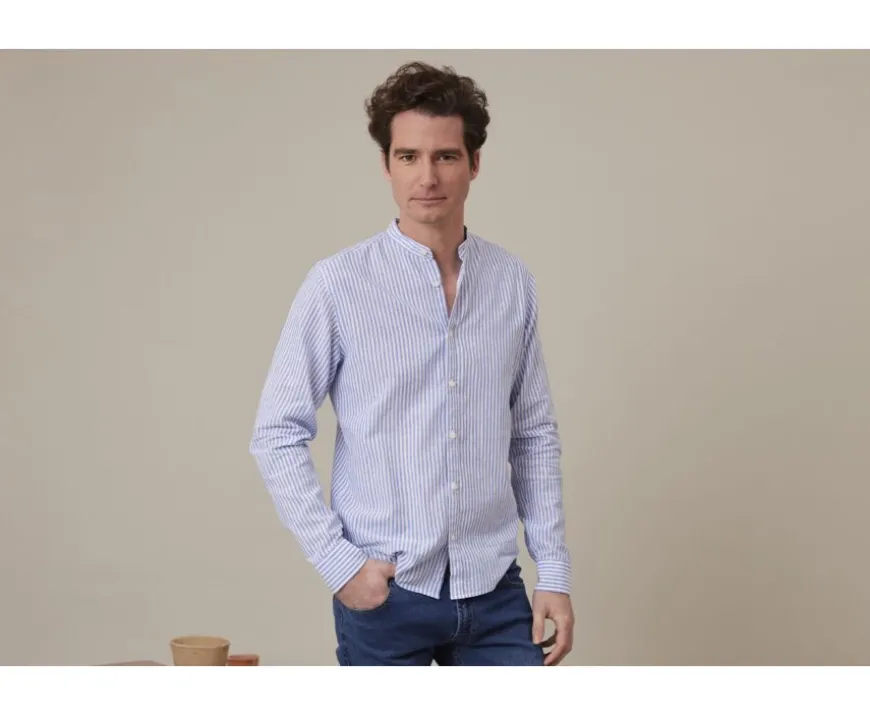 Camisa lisa de lino de algodón Azul océano y Blanco Elibert-Bexley Shop