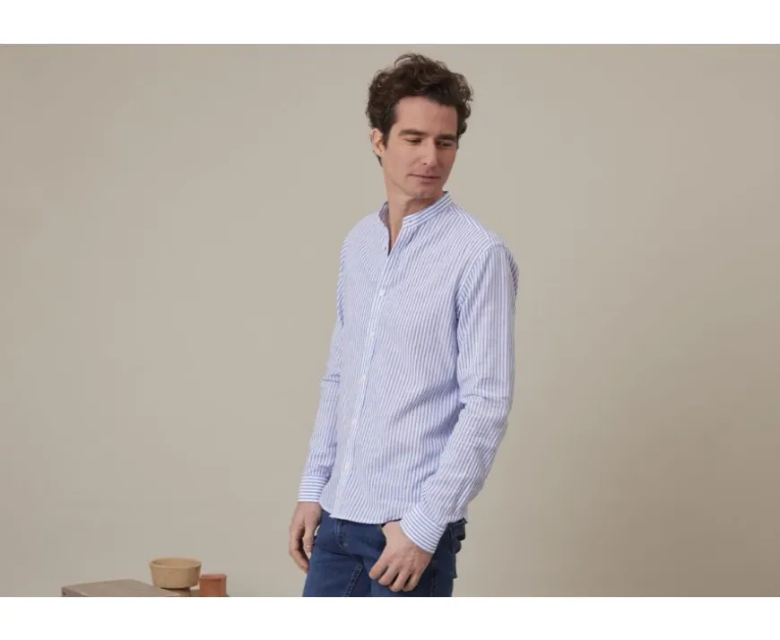 Camisa lisa de lino de algodón Azul océano y Blanco Elibert-Bexley Shop