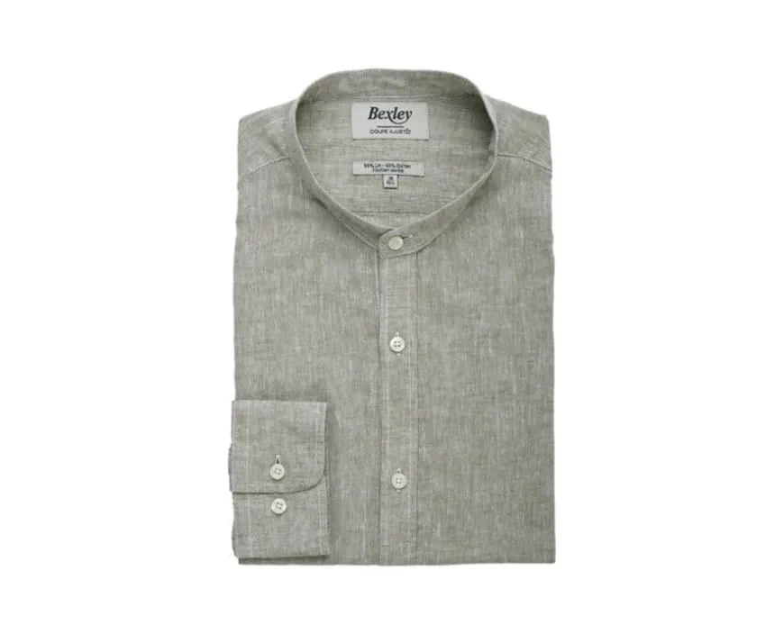 Camisa lisa de lino de algodón Chambray Verde Caqui Elibert-Bexley Hot