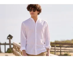 Camisa lisa de lino de algodón Chambray Blanco Elibert-Bexley Online