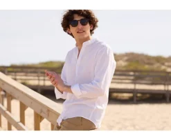 Camisa lisa de lino de algodón Chambray Blanco Elibert-Bexley Online