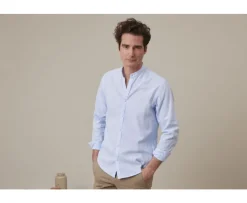 Camisa lisa de lino de algodón Chambray Azul claro Elibert-Bexley Outlet