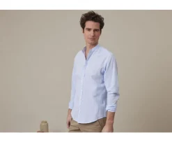 Camisa lisa de lino de algodón Chambray Azul claro Elibert-Bexley Outlet