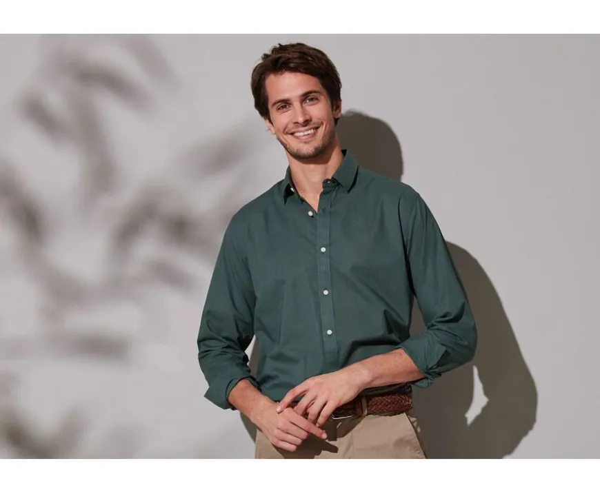 Camisa lisa de lino de algodón Verde oscuro Silbert-Bexley Flash Sale