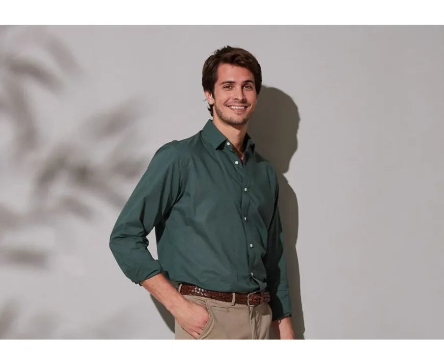 Camisa lisa de lino de algodón Verde oscuro Silbert-Bexley Flash Sale