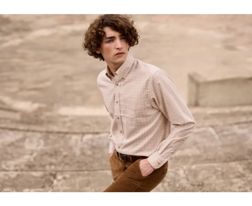 Camisa Oxford de algodón Beis y Blanco - Cuello americano Valden-Bexley Cheap