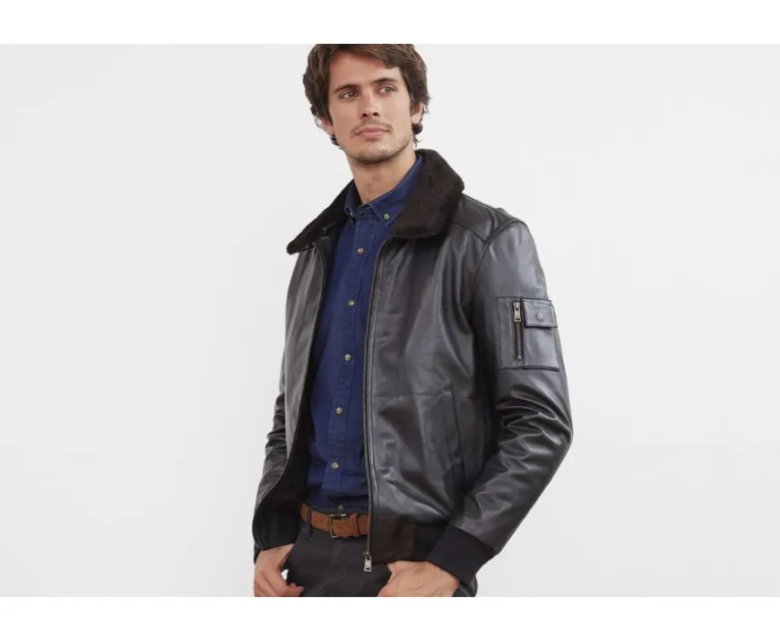 Chaqueta de cuero de aviador negra para hombre Everett Ii-Bexley Shop