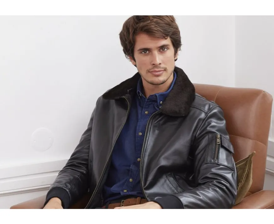 Chaqueta de cuero de aviador negra para hombre Everett Ii-Bexley Shop