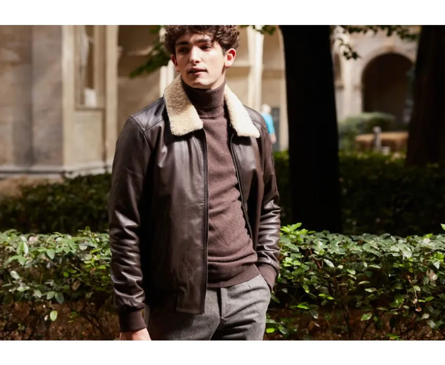 Chaqueta de cuero de aviador para hombre Marrón Everett Ii-Bexley Shop